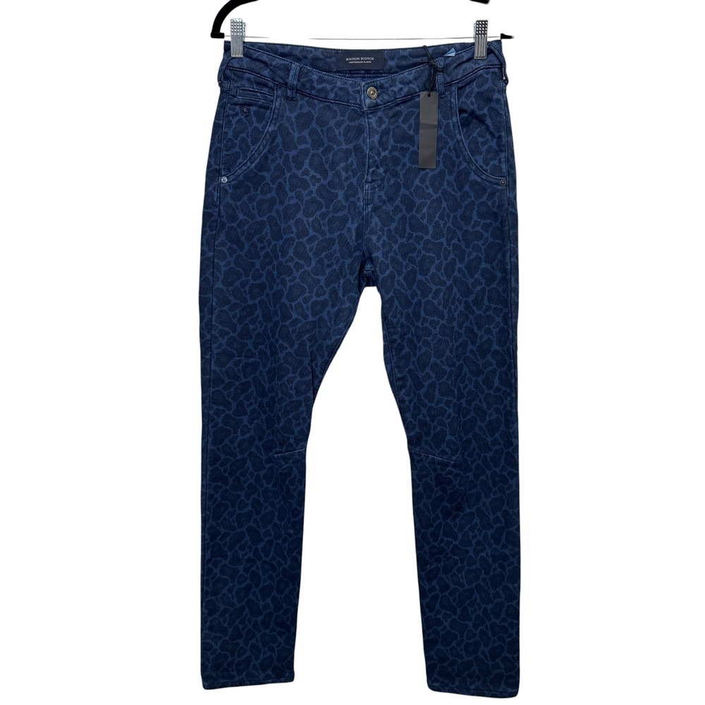 Maison Scotch Tapered Leg Size 1 29x28 Blue Leopard Print Denim Pant Stretch